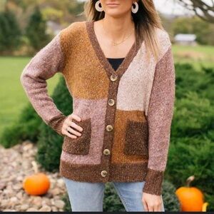 BB DAKOTA BROWN COLOR BLOCK BUTTON FRONT CARDIGAN SWEATER WOMENS SZ SMALL